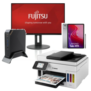 Zestaw: komputer mini PC, monitor, urządzenie wielofunkcyjne, tablet